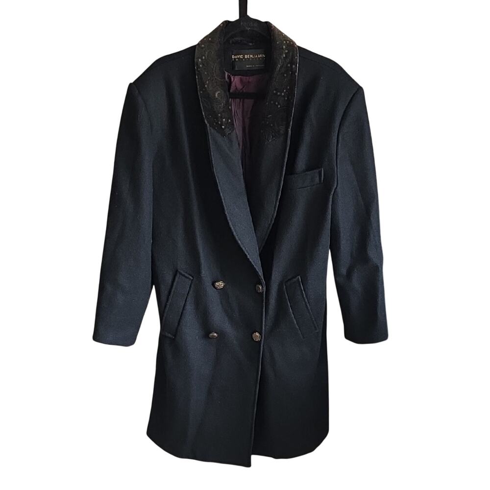 David Benjamin Vintage Black Double-Breasted Coat Patterned Collar Womens 12